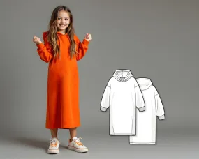 Girls Maxi Hoodie Dress PDF Sewing Pattern, Oversized Hooded Sweatshirt Dress, Beginner-Friendly DIY Pattern, Kids Printable Dress