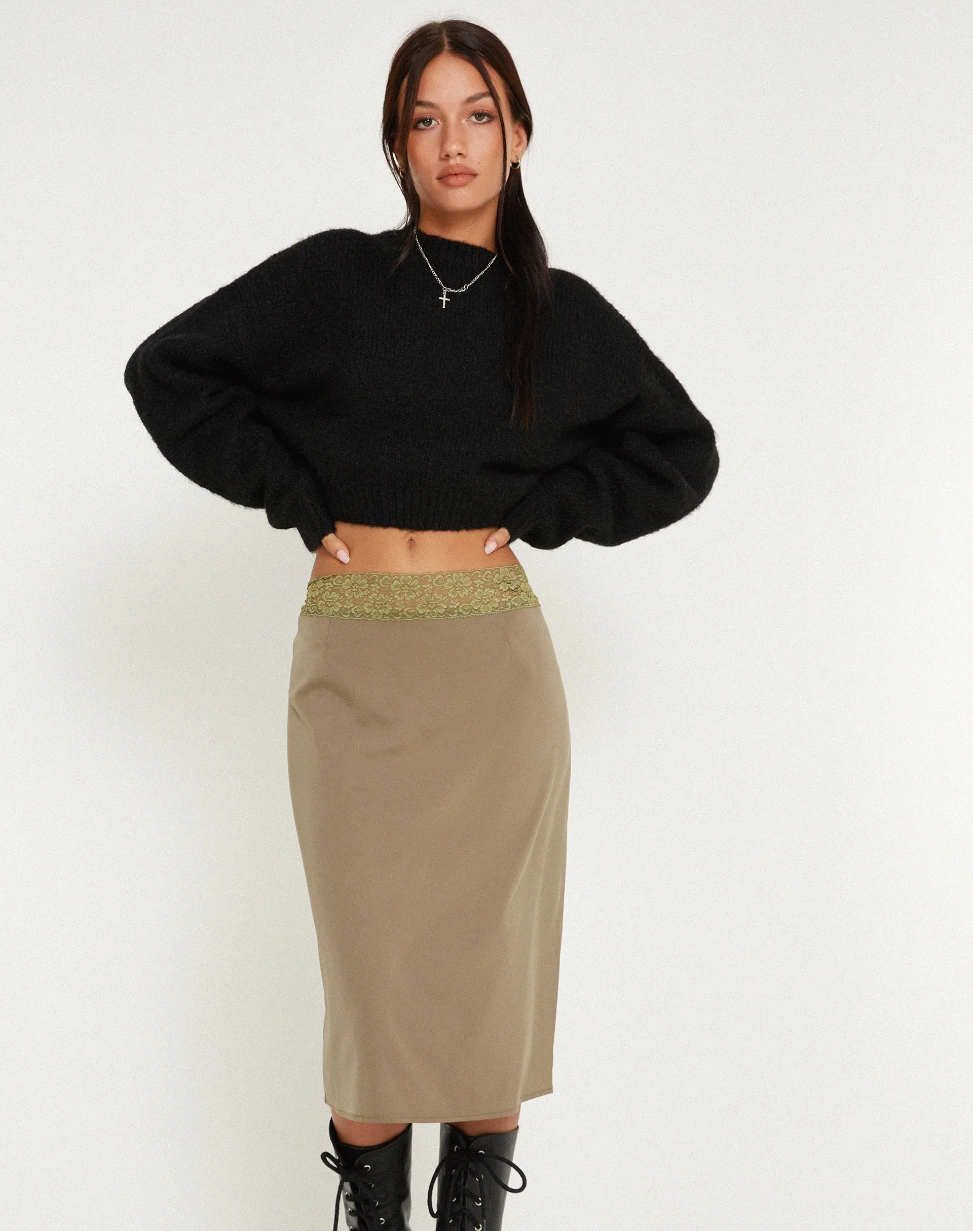 Golda Midi Skirt in Satin Avocado