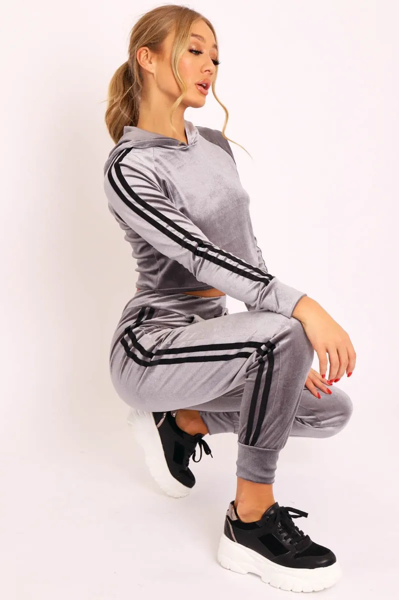 Grey Black Stripes Velvet Hoodie and Joggers Co-ord - Matie