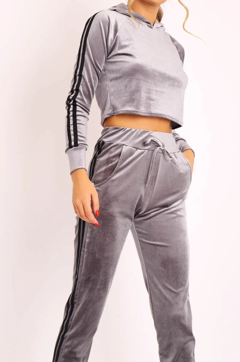 Grey Black Stripes Velvet Hoodie and Joggers Co-ord - Matie