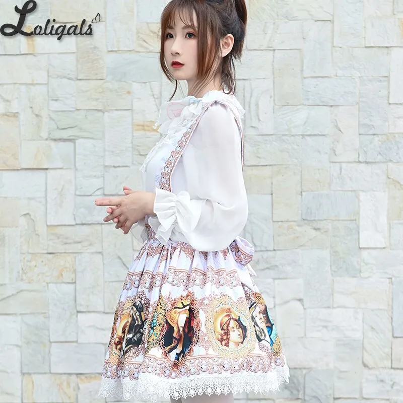 Harajuku Baroque Printed Short Skirt Mori Girl A line Suspender Skirt