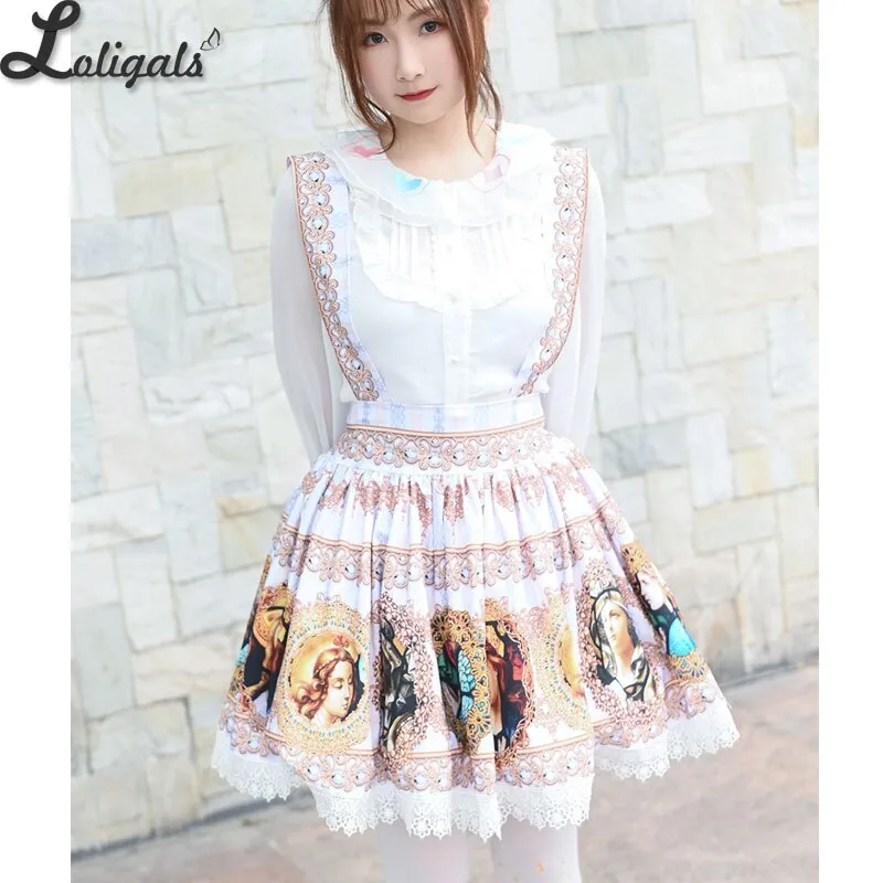 Harajuku Baroque Printed Short Skirt Mori Girl A line Suspender Skirt