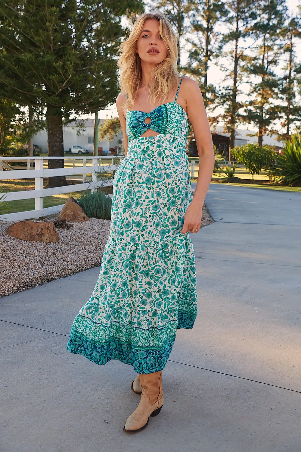 Henley Linen Maxi Dress - Emerald/White