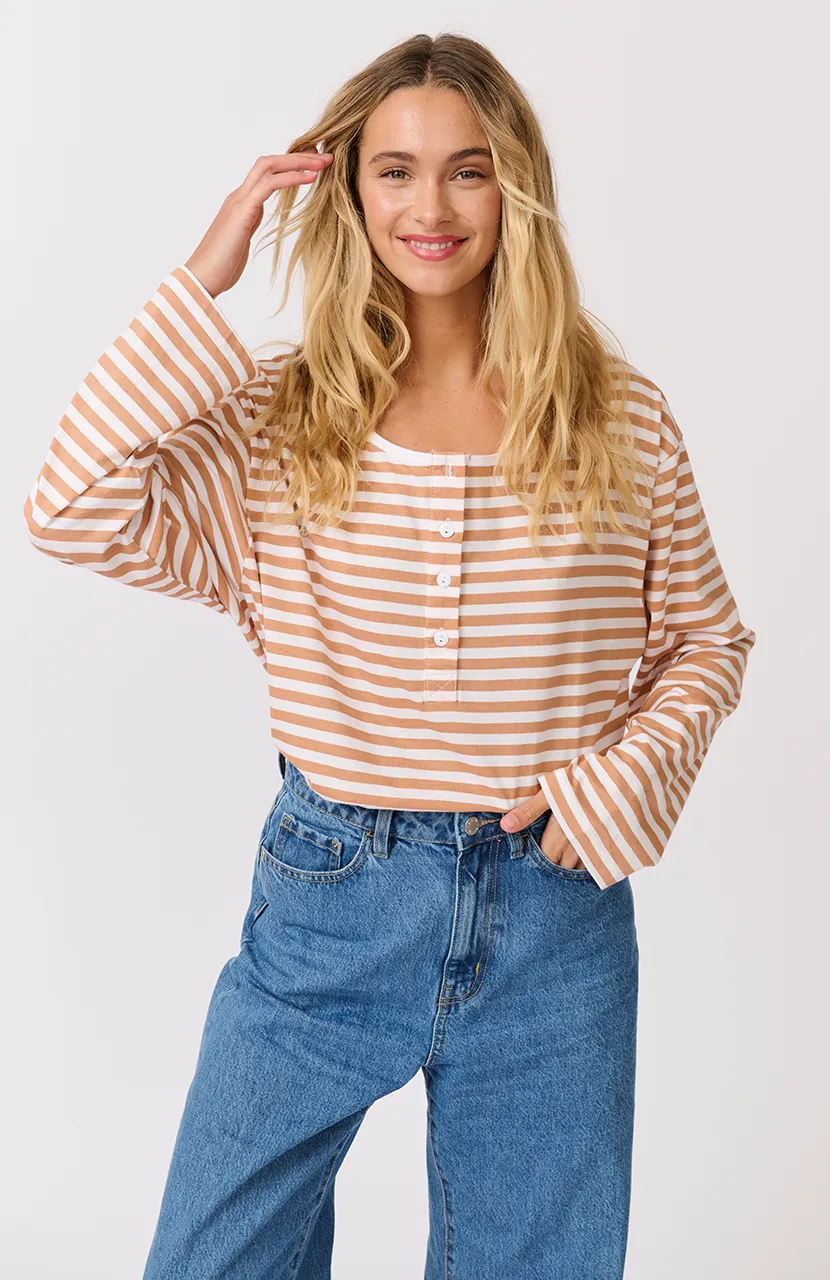 Henley Long Sleeve - Toffee Stripe