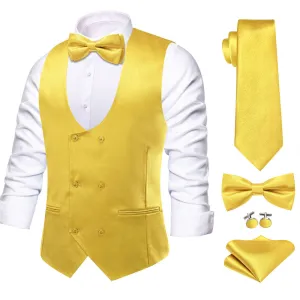 Hi-Tie Orange Yellow Solid U-Neck Double-Breasted Vest Set