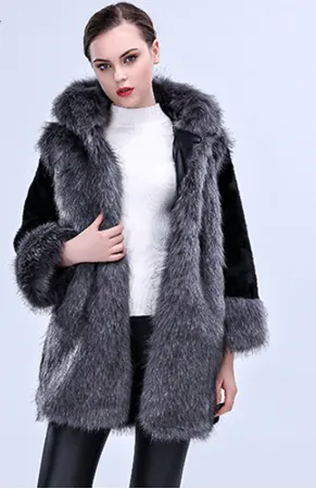 High Imitation Fur Coat Women Silver Fox Fur Collar Hooded