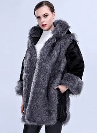 High Imitation Fur Coat Women Silver Fox Fur Collar Hooded