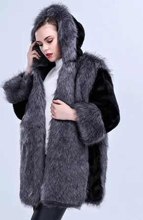 High Imitation Fur Coat Women Silver Fox Fur Collar Hooded