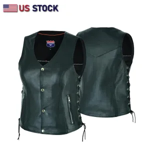 HL14851SPT Black Women's Lace up side leather motorcycle vest