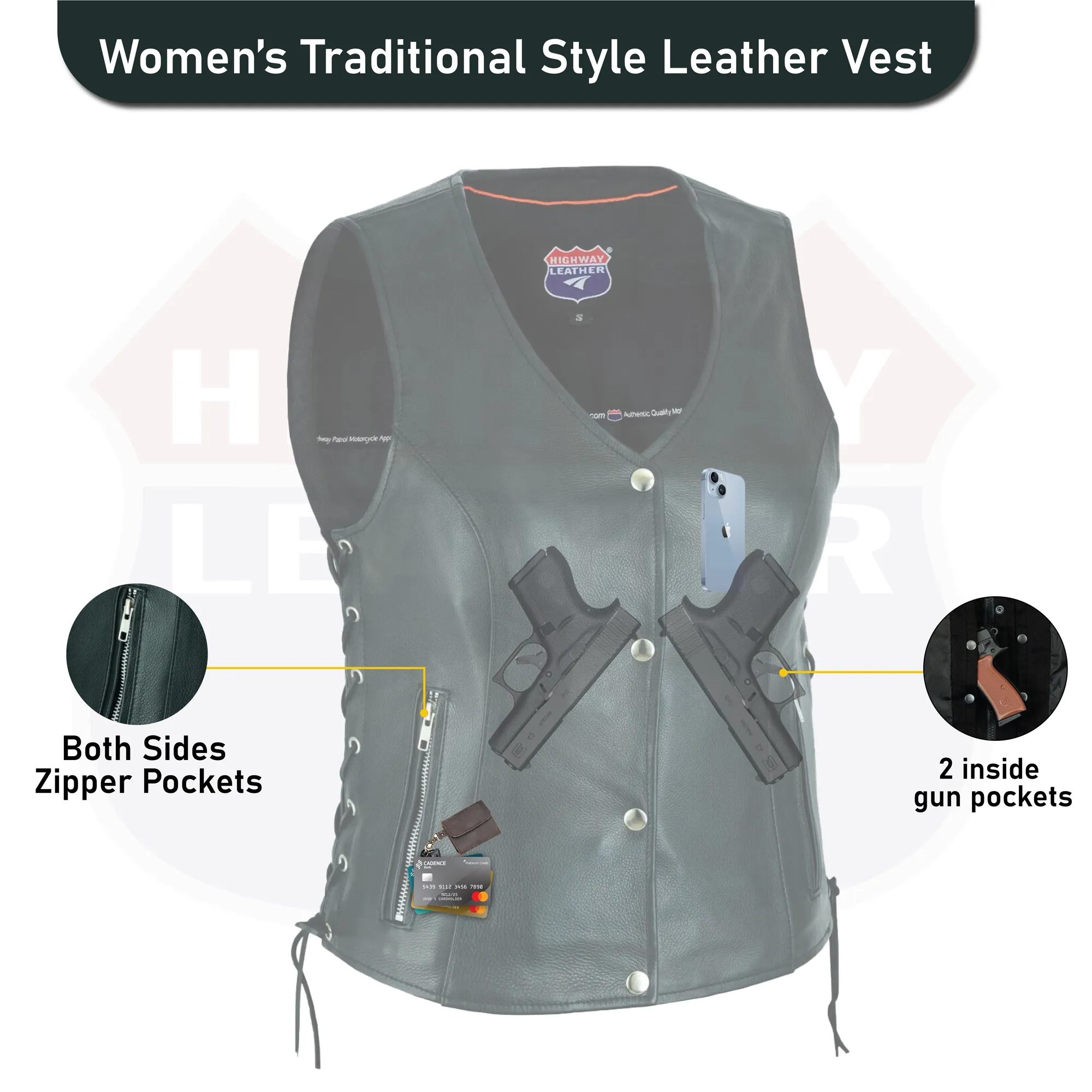 HL14851SPT Black Women's Lace up side leather motorcycle vest