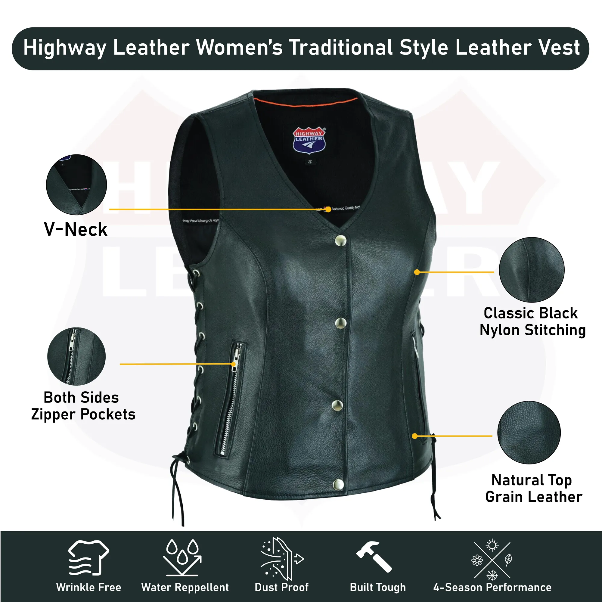 HL14851SPT Black Women's Lace up side leather motorcycle vest