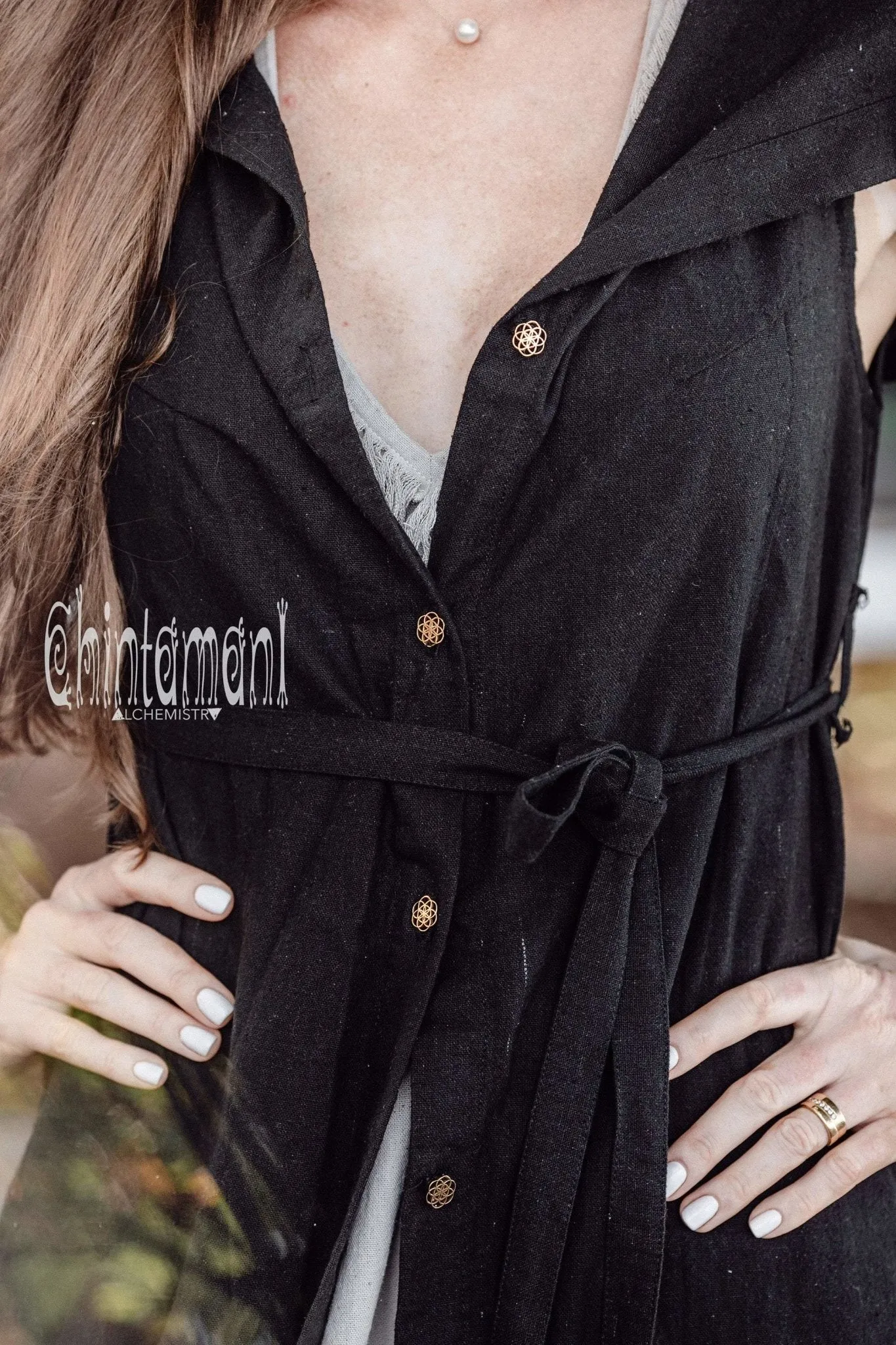 Hooded Sleeveless Shirt Dress / Boho Fringe Tunic Vest / Chakruna Black