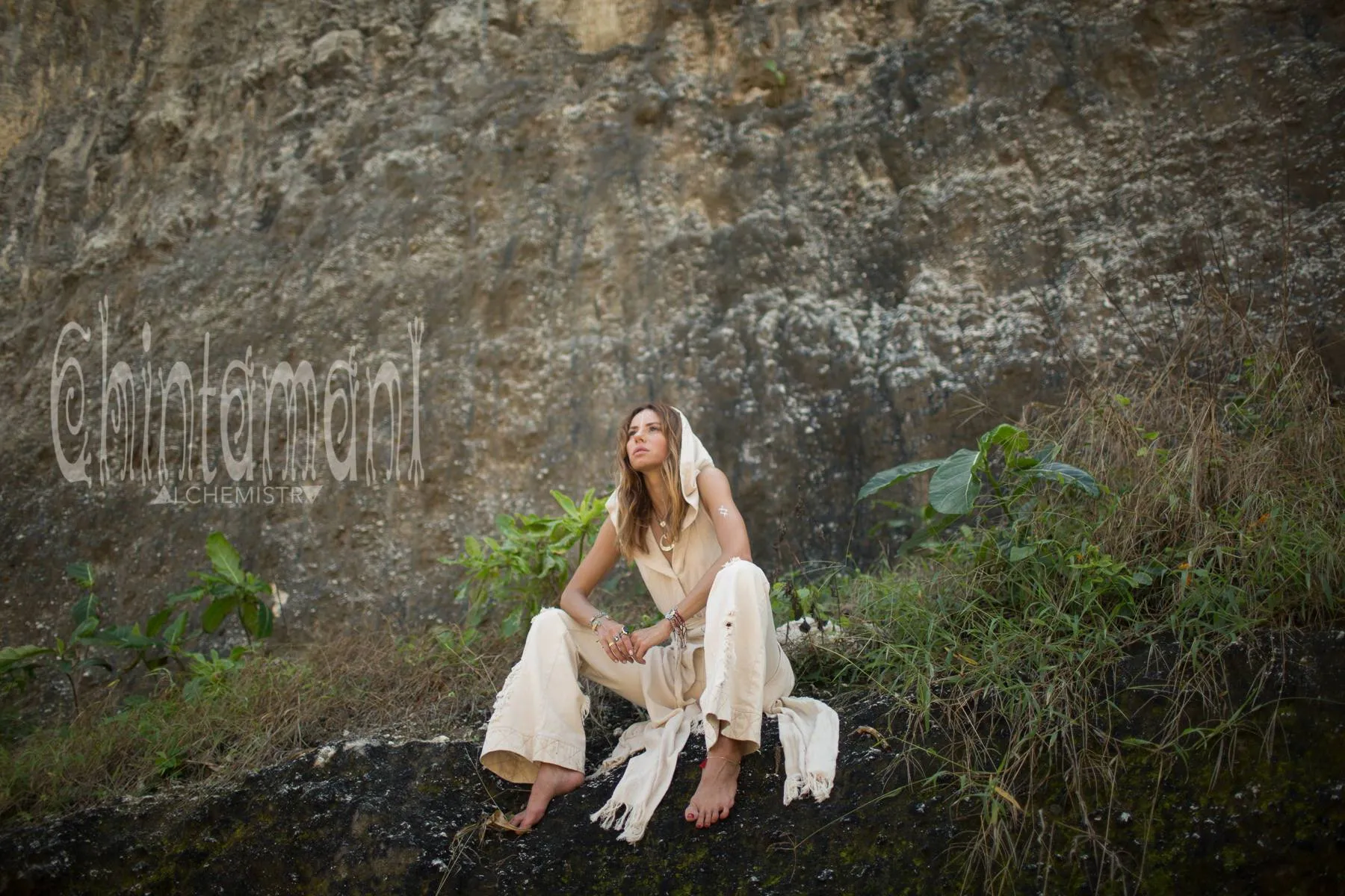 Hooded Sleeveless Shirt Dress / Boho Fringe Tunic Vest / Chakruna Off White