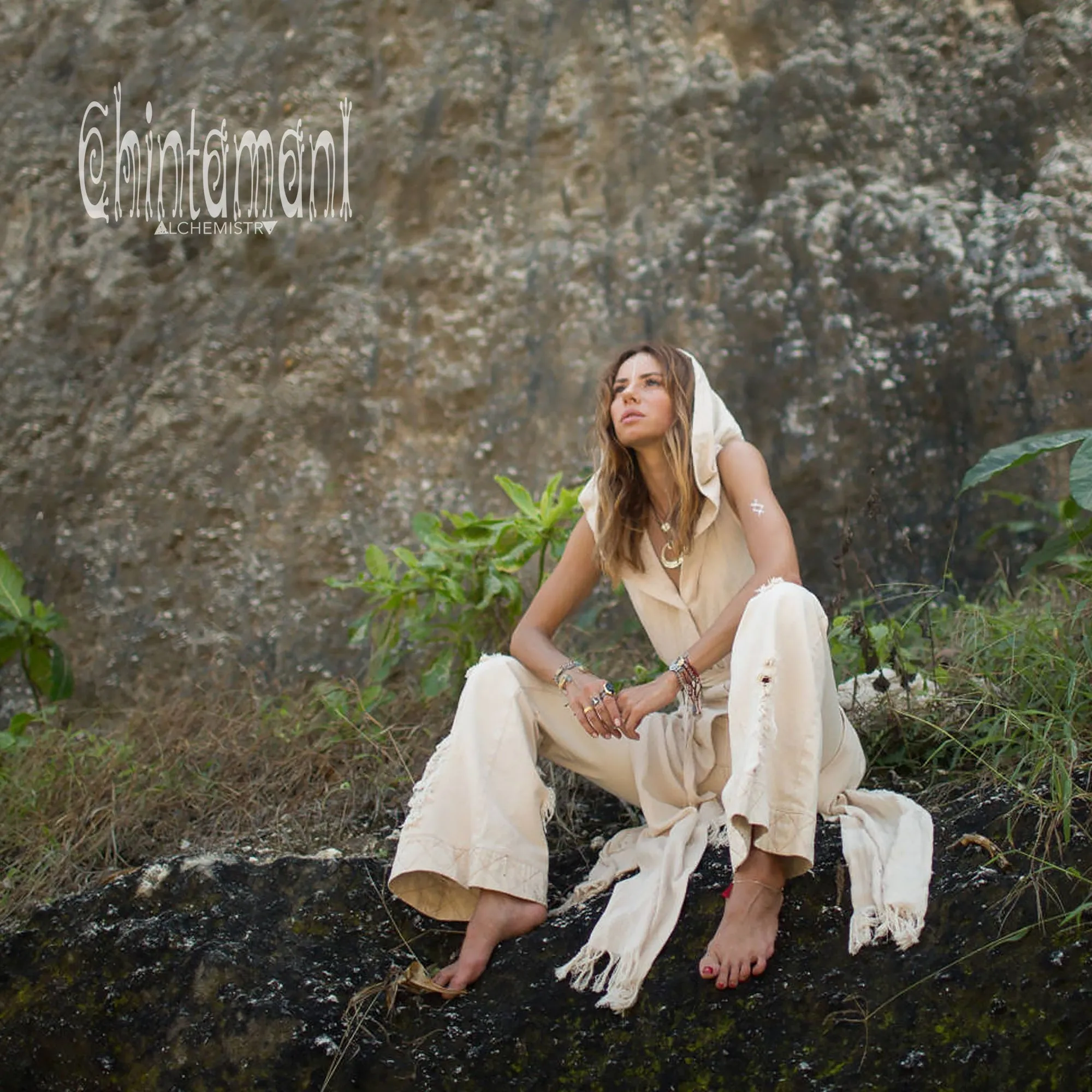 Hooded Sleeveless Shirt Dress / Boho Fringe Tunic Vest / Chakruna Off White