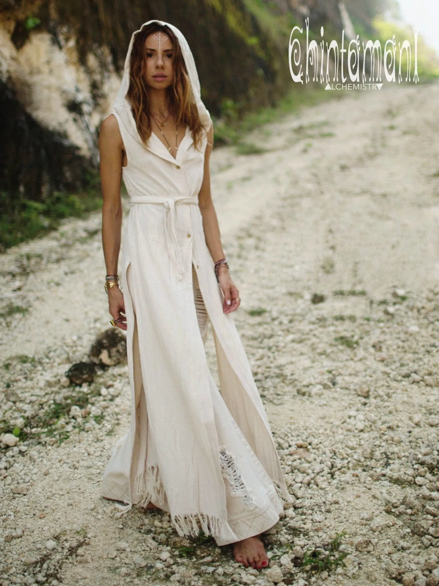 Hooded Sleeveless Shirt Dress / Boho Fringe Tunic Vest / Chakruna Off White