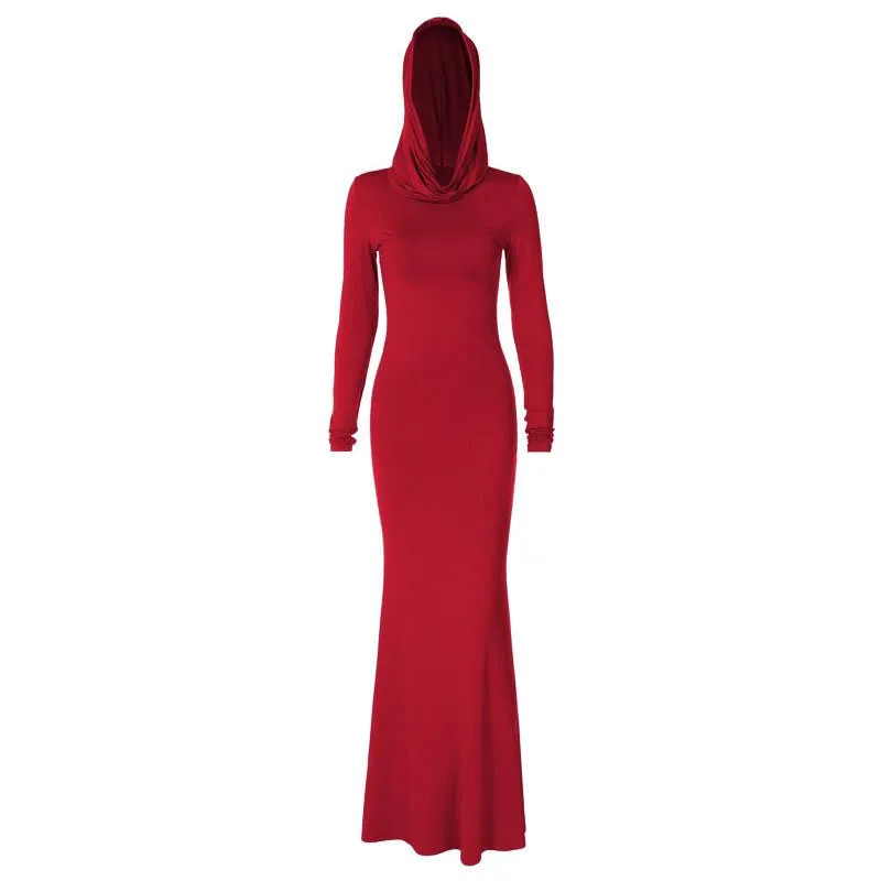 Hoodie long sleeve ruched solid maxi dress