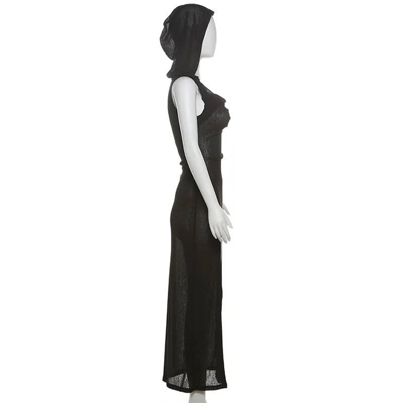 Hoodie sleeveless slit belt maxi dress