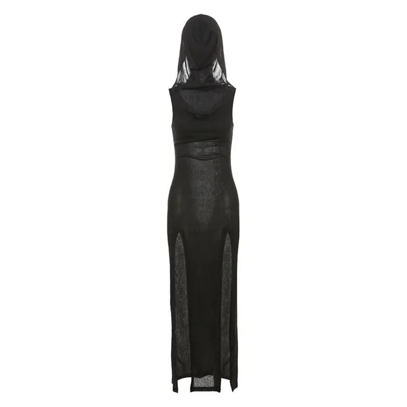 Hoodie sleeveless slit belt maxi dress