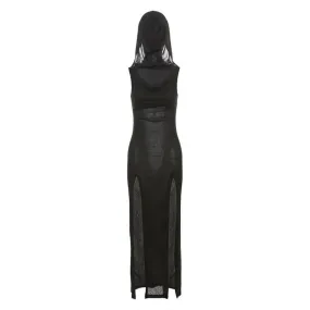 Hoodie sleeveless slit belt maxi dress