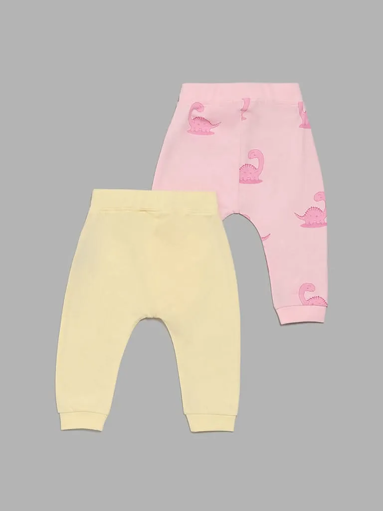 HOP Baby Pink & Yellow Dino Printed Pants - Pack of 2