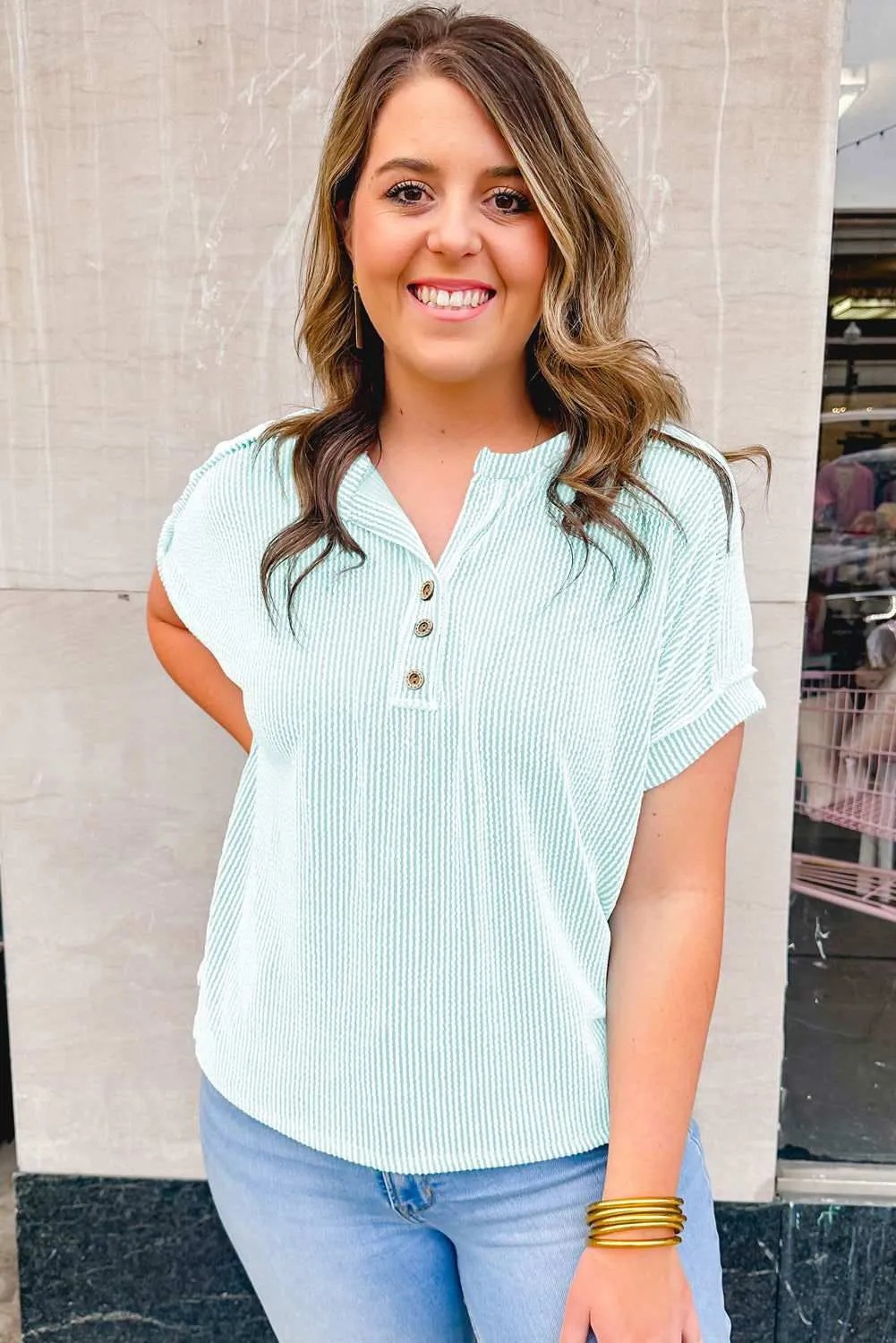 Iceland Blue Plus Size Textured Henley T Shirt - Stylish & Comfy