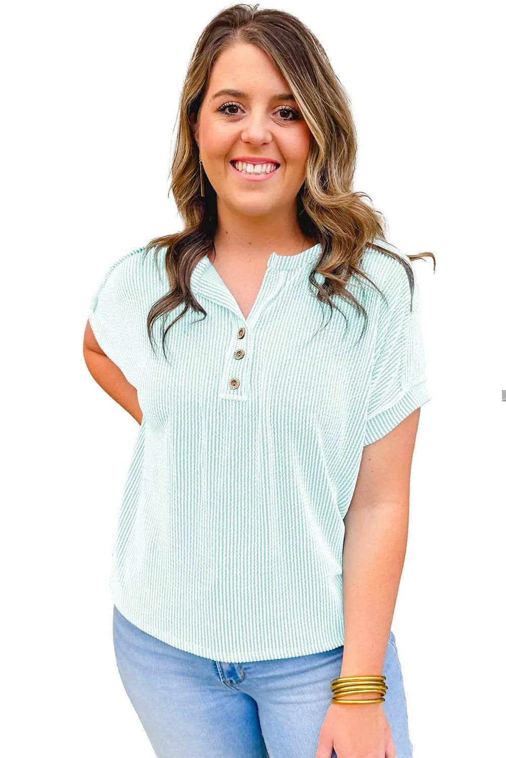 Iceland Blue Plus Size Textured Henley T Shirt - Stylish & Comfy