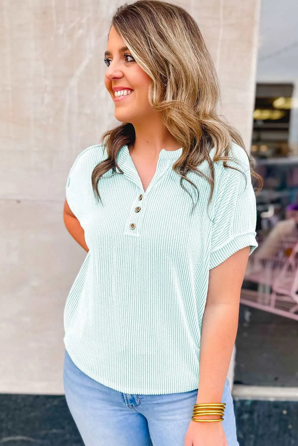 Iceland Blue Plus Size Textured Henley T Shirt - Stylish & Comfy