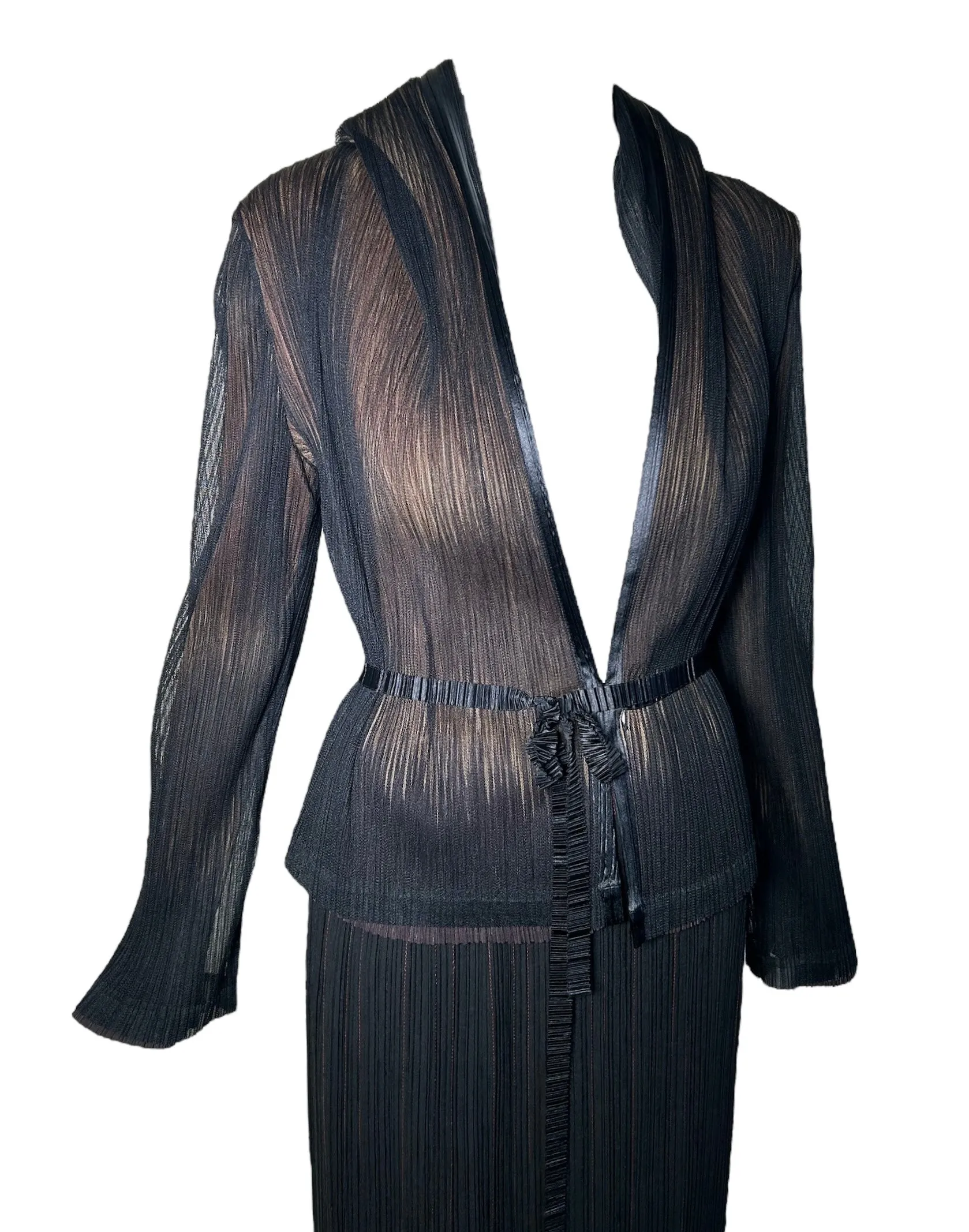 Issey Miyake Y2K Micro-Pleated Black & Brown Jacket/Skirt Ensemble, New/Old