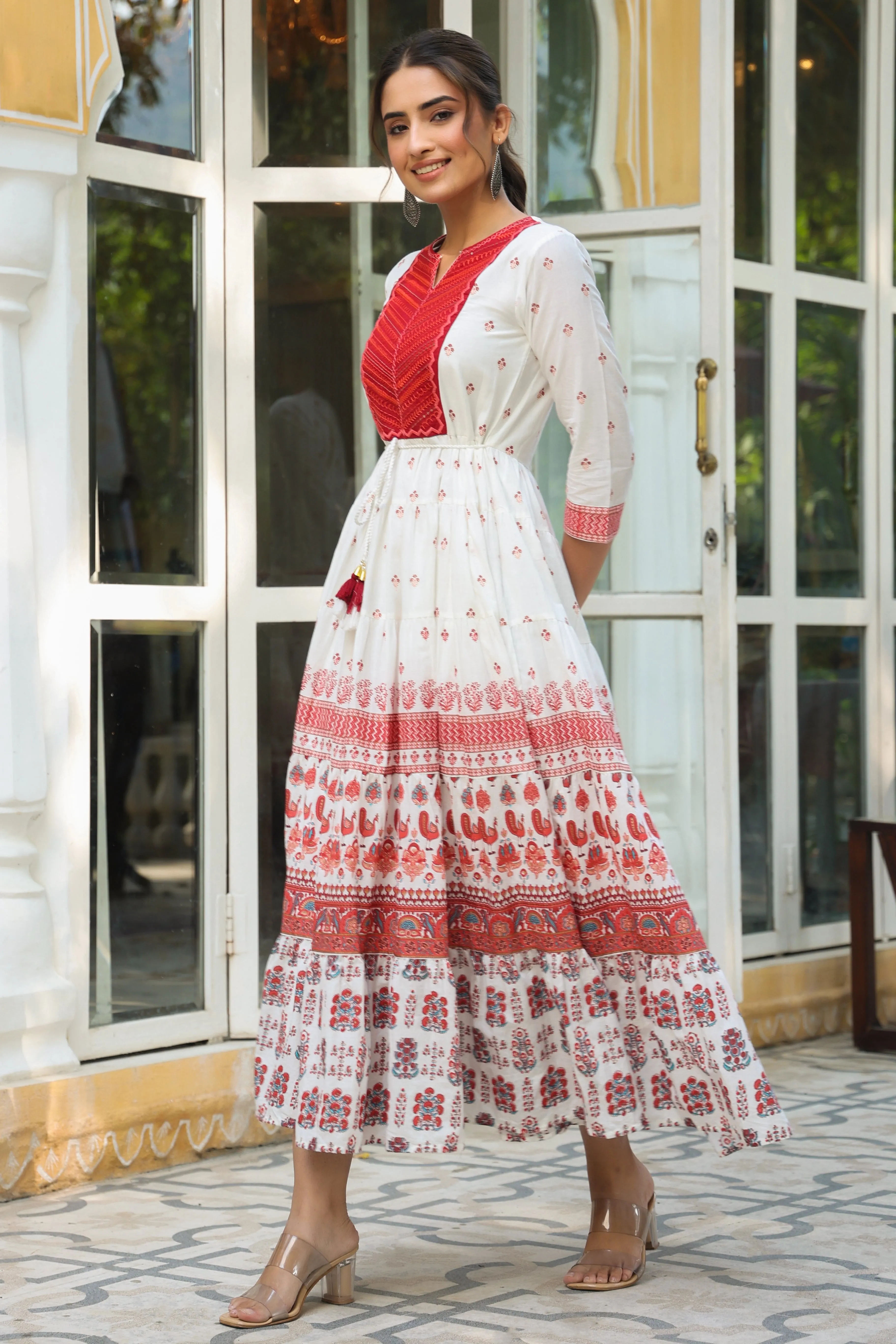 Juniper Maroon Ethnic Motif Printed Pure Cotton Tiered Maxi Dress With Sequins & Thread Work Embroidery