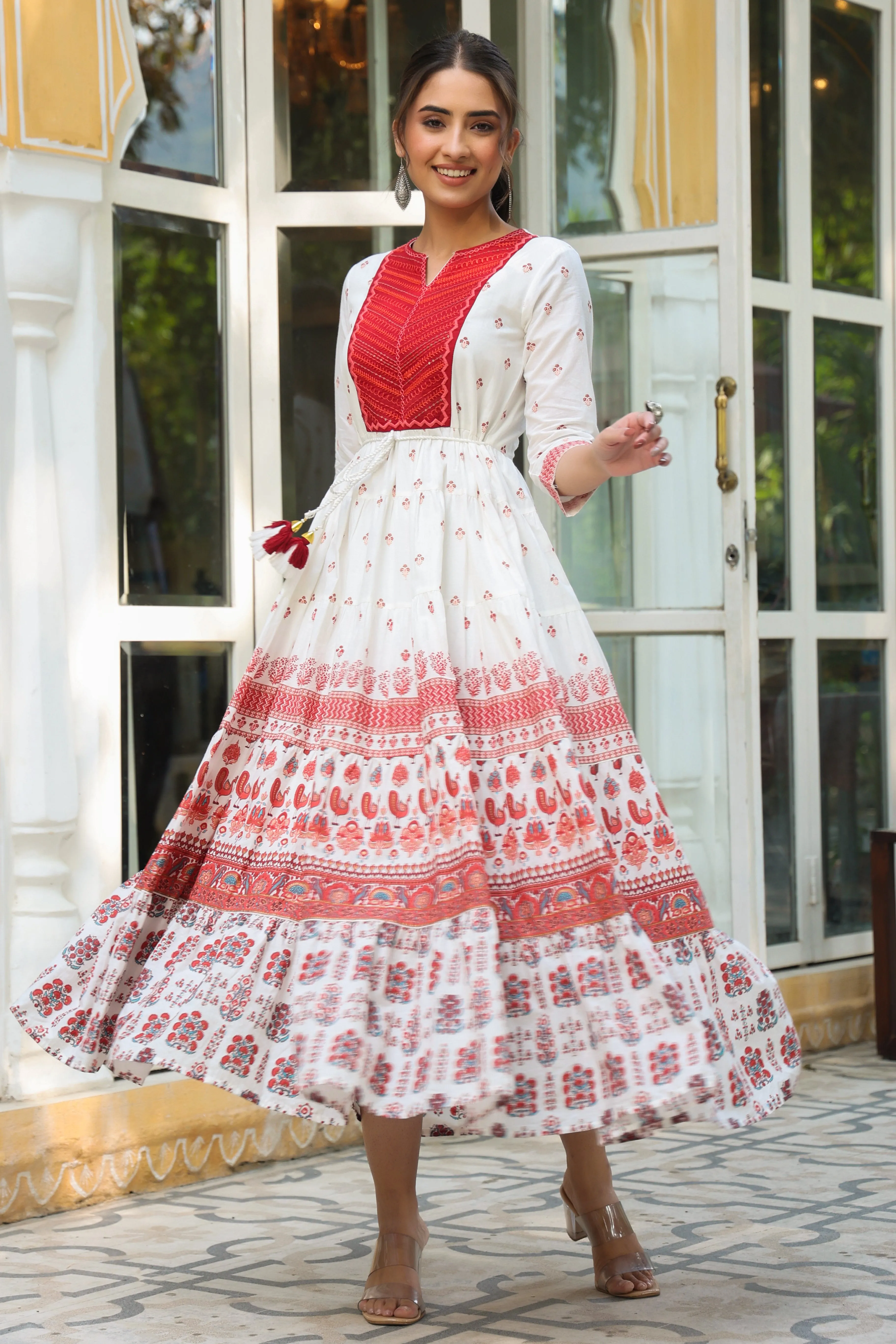 Juniper Maroon Ethnic Motif Printed Pure Cotton Tiered Maxi Dress With Sequins & Thread Work Embroidery