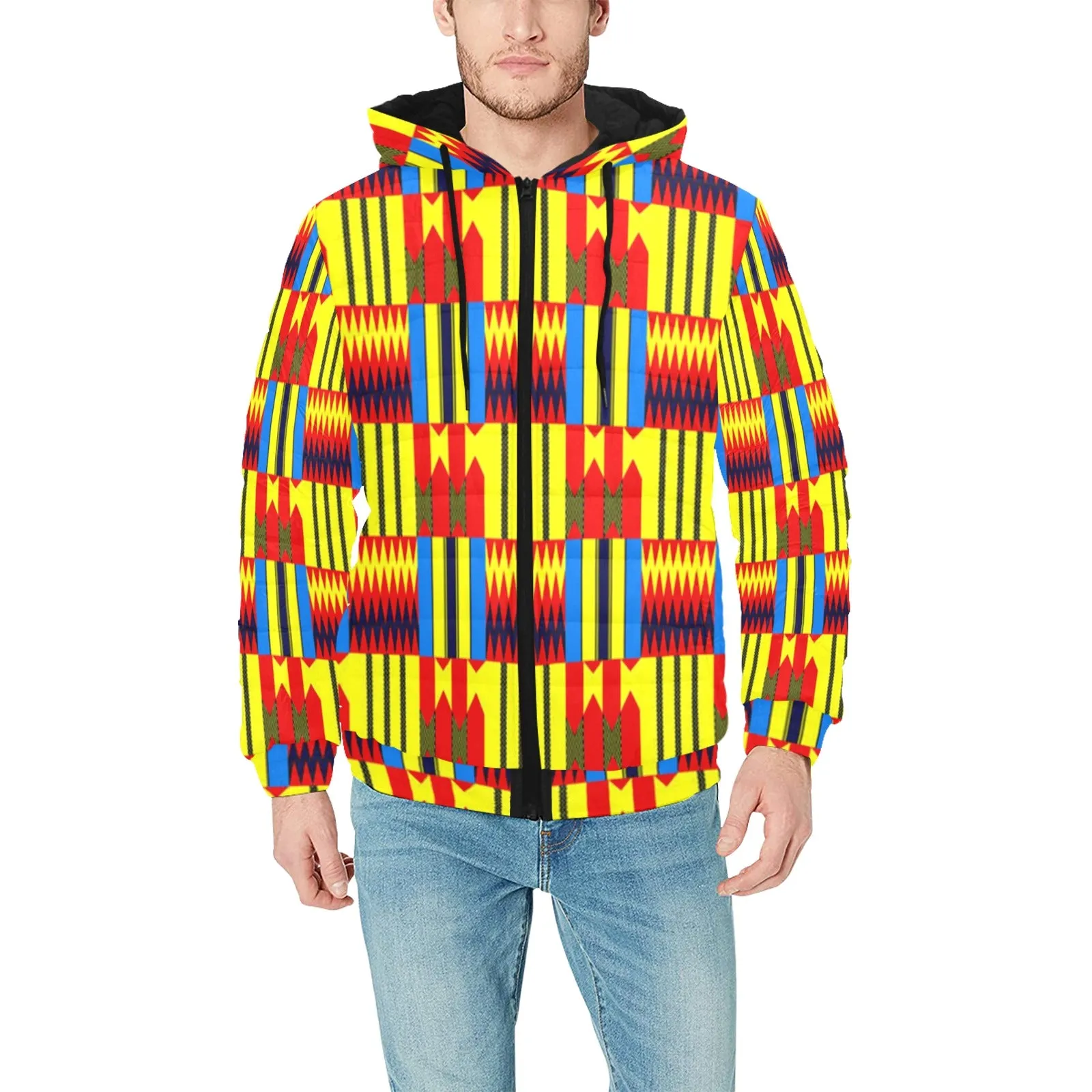 KENTE BLUE PADDED HOODIE JACKET Men's Padded Hooded Jacket