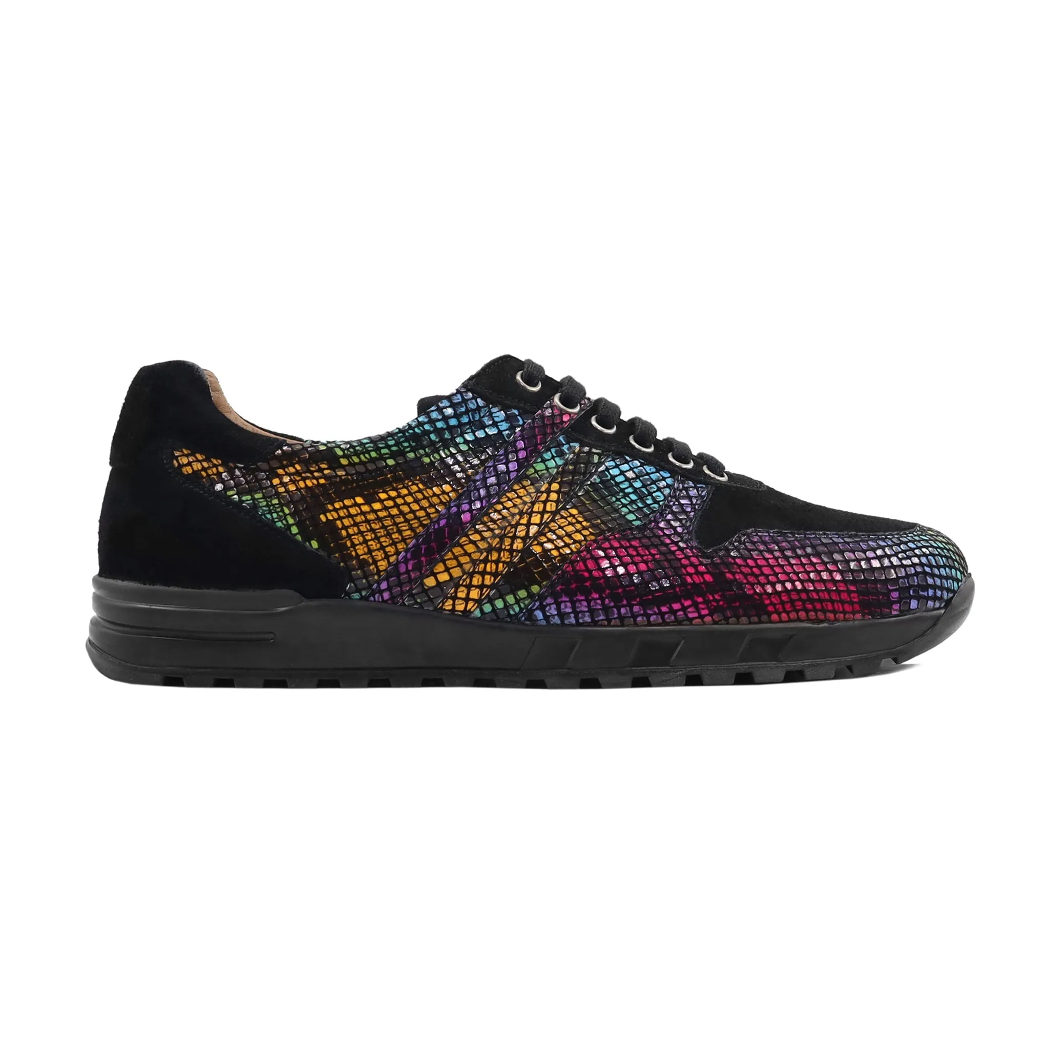 Komotini - Men's Black Kid Suede and Rainbow Printed Leather Jogger