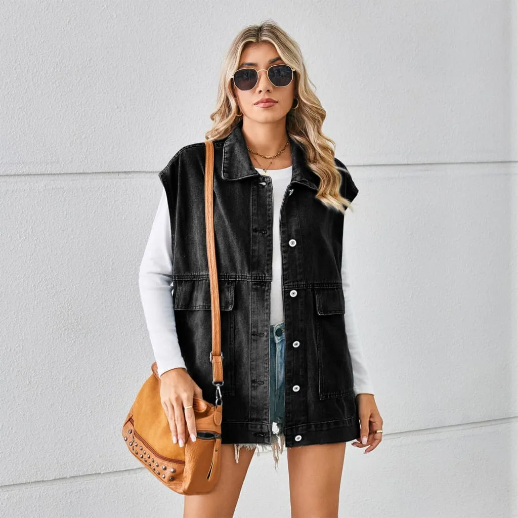 Lapel Collar Front Flap Pocket Button Up Sleeveless Denim Jacket