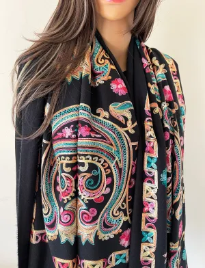 LARGE BLACK COLOURFUL PAISLEY CASHMERE COTTON BLEND WINTER SHAWL BLANKET SCARF