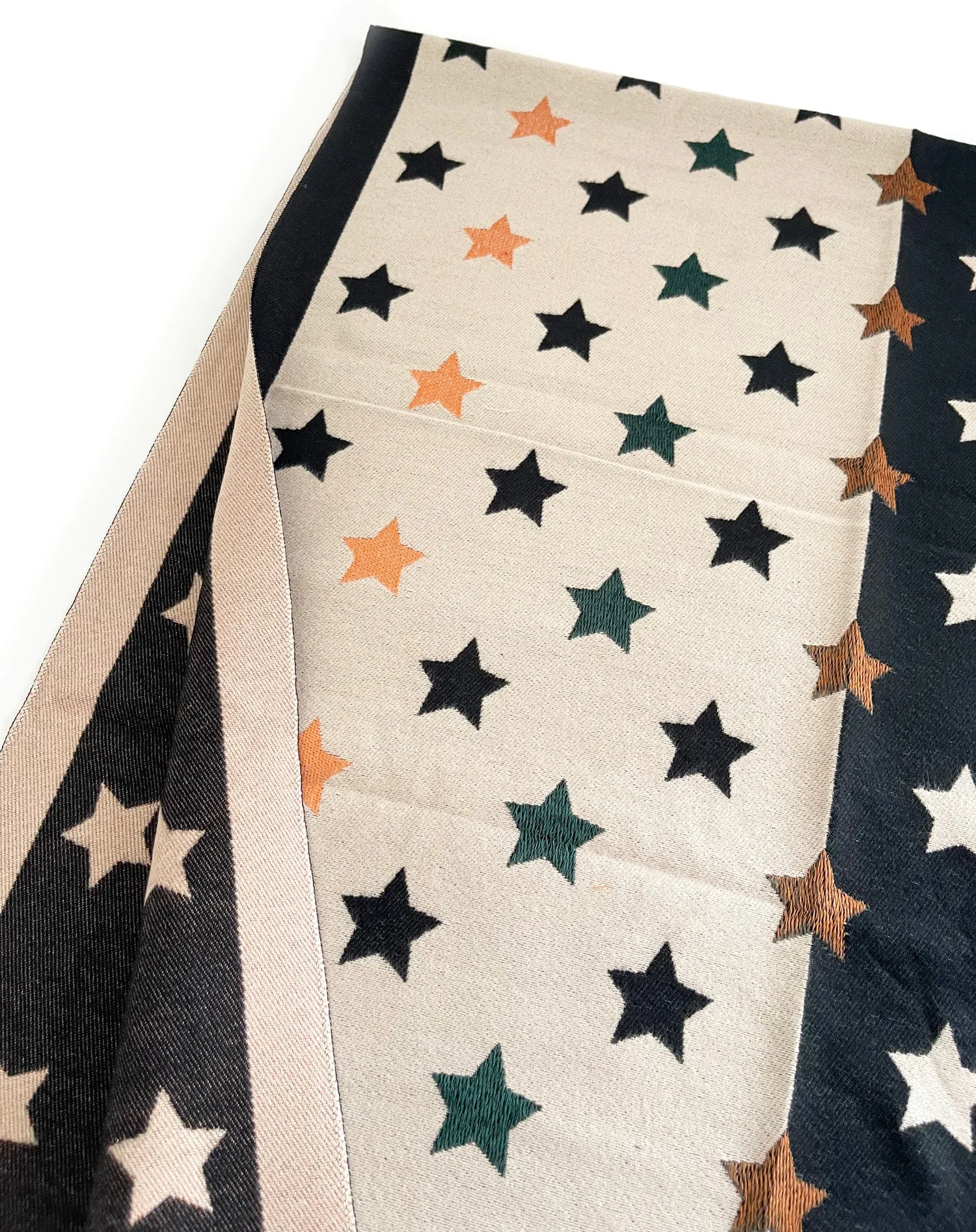 LARGE BLACK WOOL STAR PRINT REVERSIBLE WINTER SHAWL BLANKET SCARF