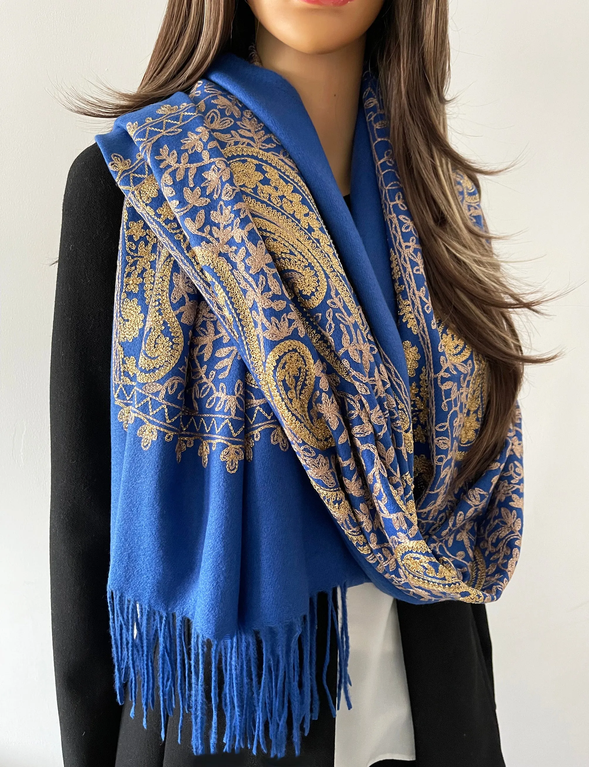 LARGE BLUE PAISLEY CASHMERE COTTON BLEND WINTER SHAWL BLANKET SCARF