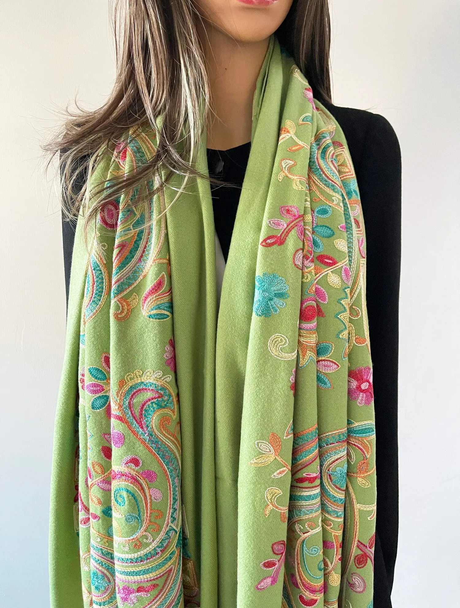 LARGE GREEN COLOURFUL PAISLEY CASHMERE COTTON BLEND WINTER SHAWL BLANKET SCARF