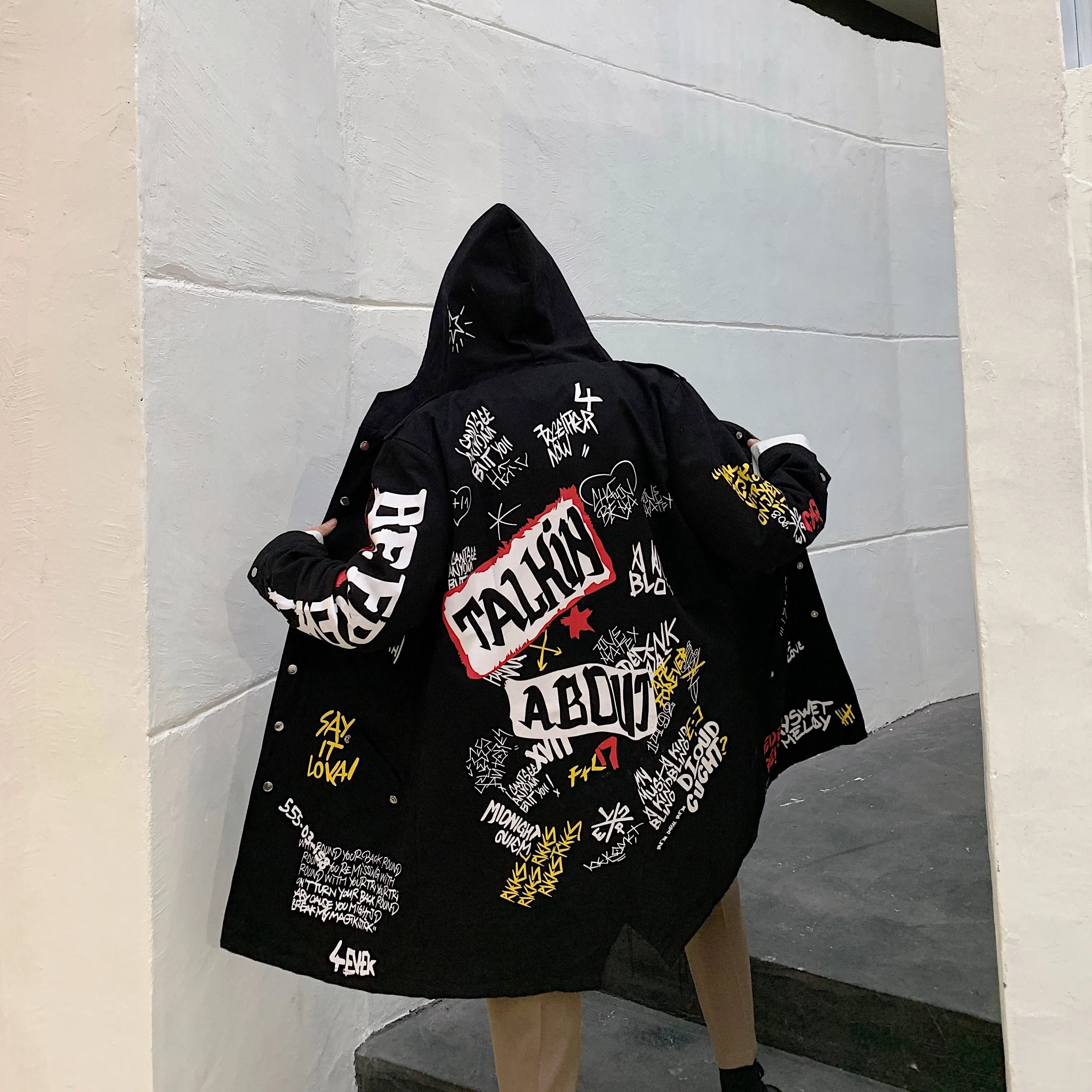 Letter Print Jacket for Men Graffiti Trench Coat Hip Hop Clothing Teen autumn Fashion trend harajuku streetwear Long Windbreaker