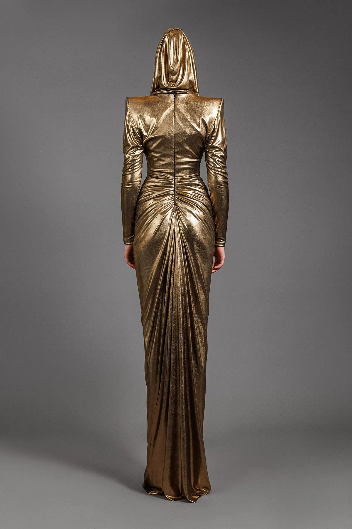 Liquid gold draped dress with loose hoodie