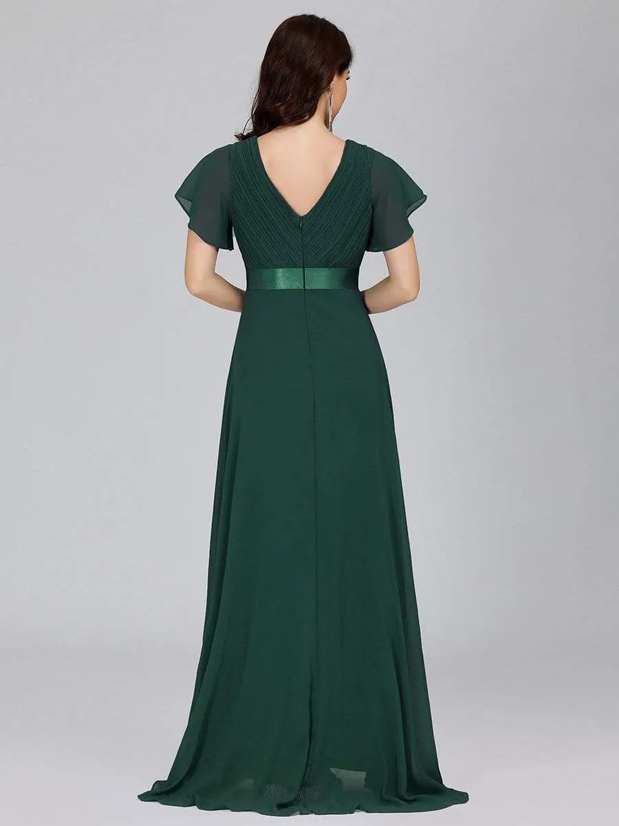 Long Chiffon Empire Waist Bridesmaid Dress with Short Flutter Sleeves