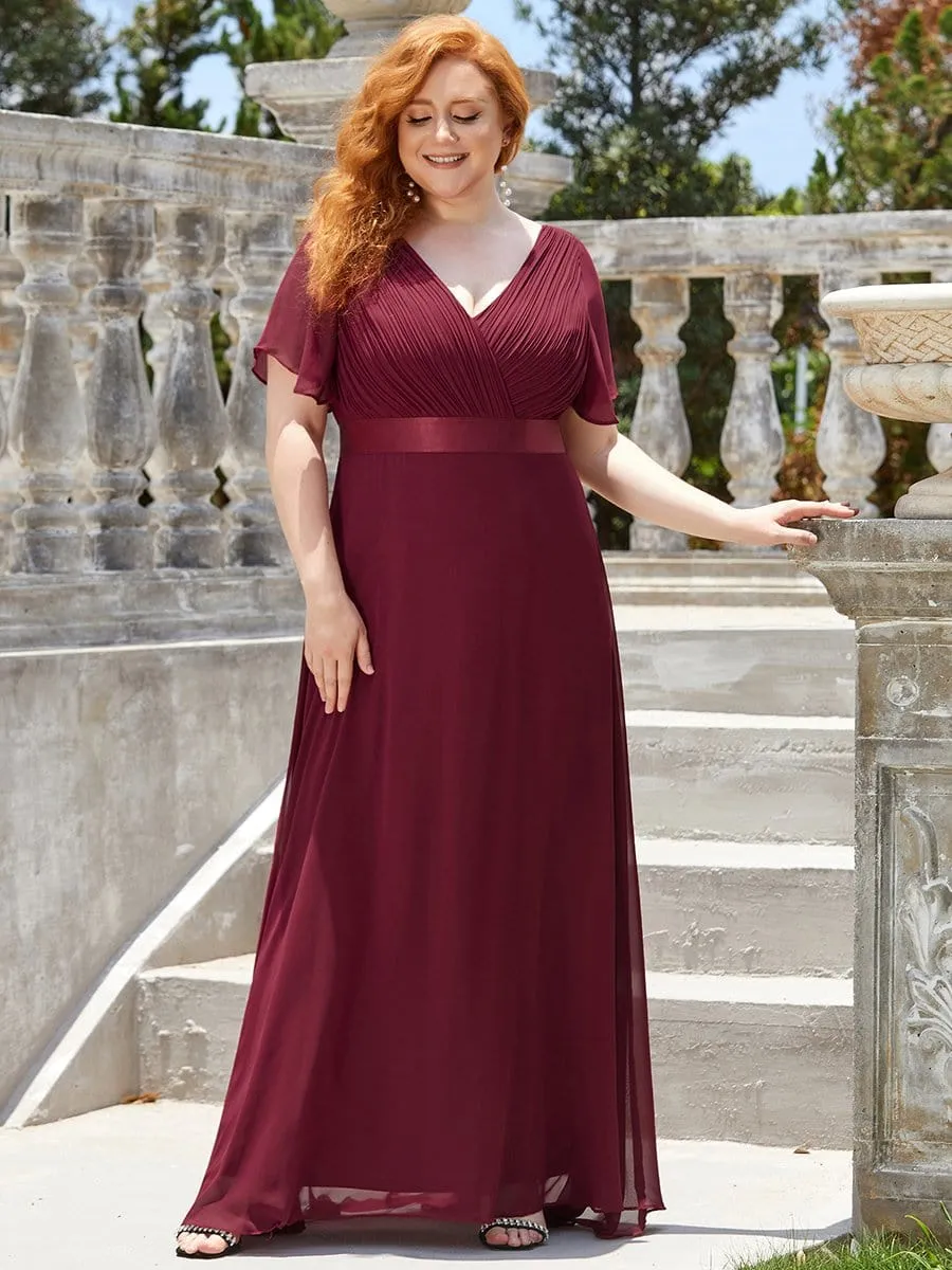 Long Chiffon Empire Waist Bridesmaid Dress with Short Flutter Sleeves