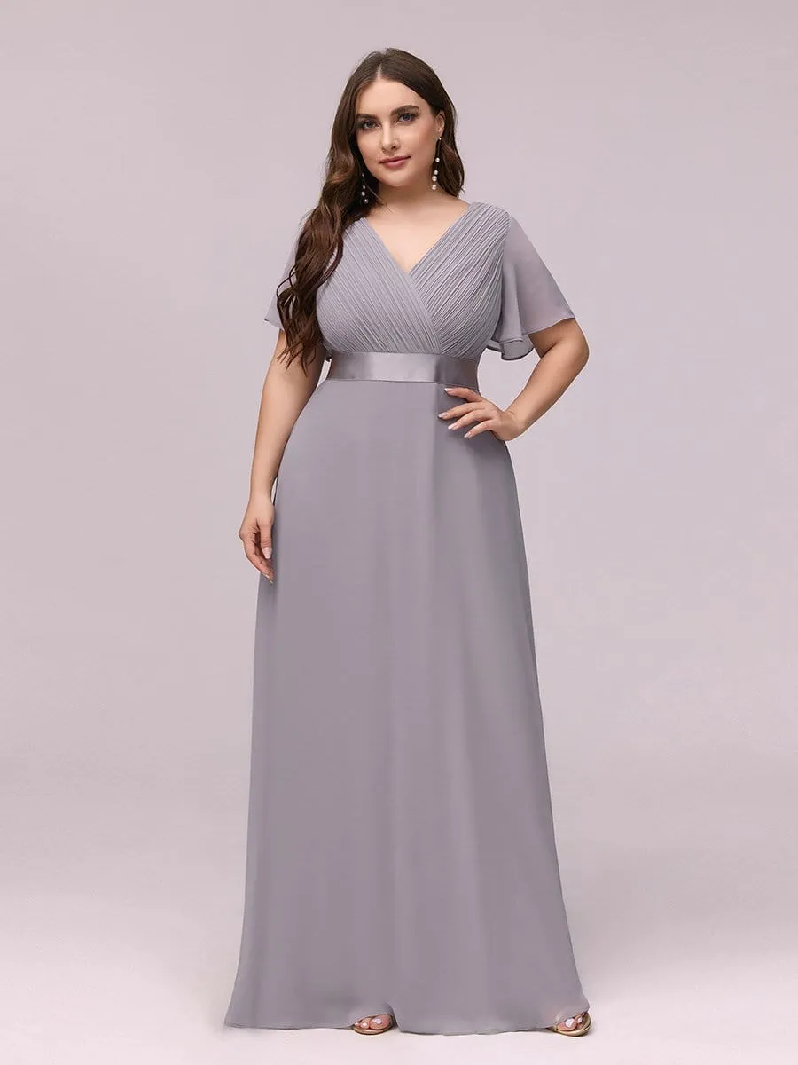 Long Chiffon Empire Waist Bridesmaid Dress with Short Flutter Sleeves