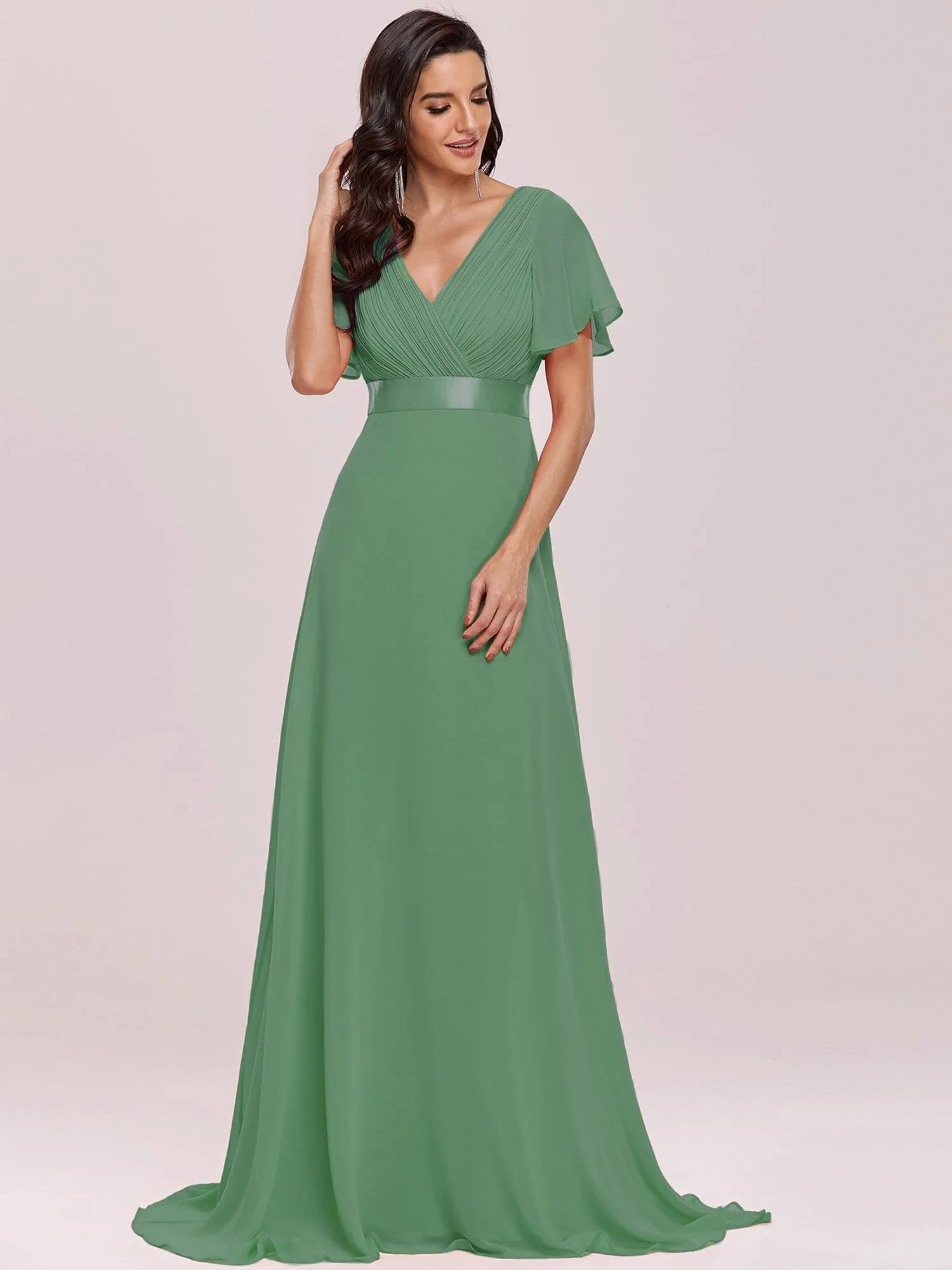 Long Chiffon Empire Waist Bridesmaid Dress with Short Flutter Sleeves