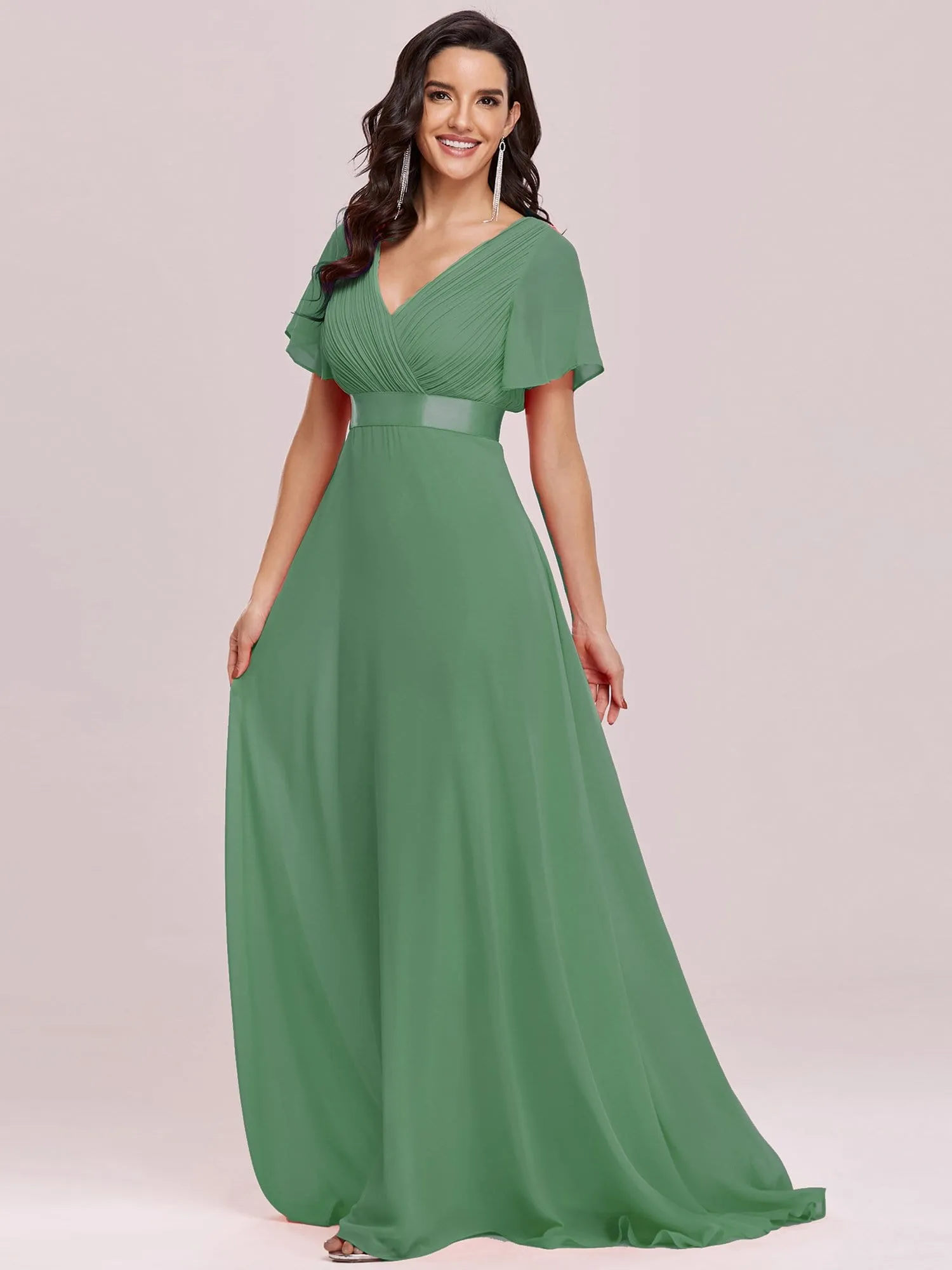 Long Chiffon Empire Waist Bridesmaid Dress with Short Flutter Sleeves