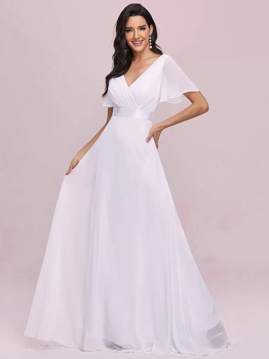 Long Chiffon Empire Waist Bridesmaid Dress with Short Flutter Sleeves