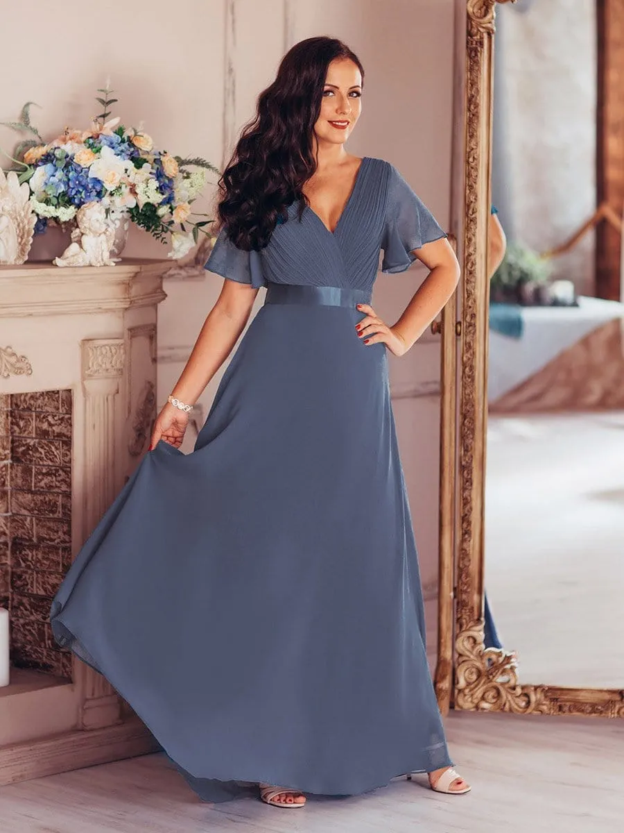 Long Chiffon Empire Waist Bridesmaid Dress with Short Flutter Sleeves