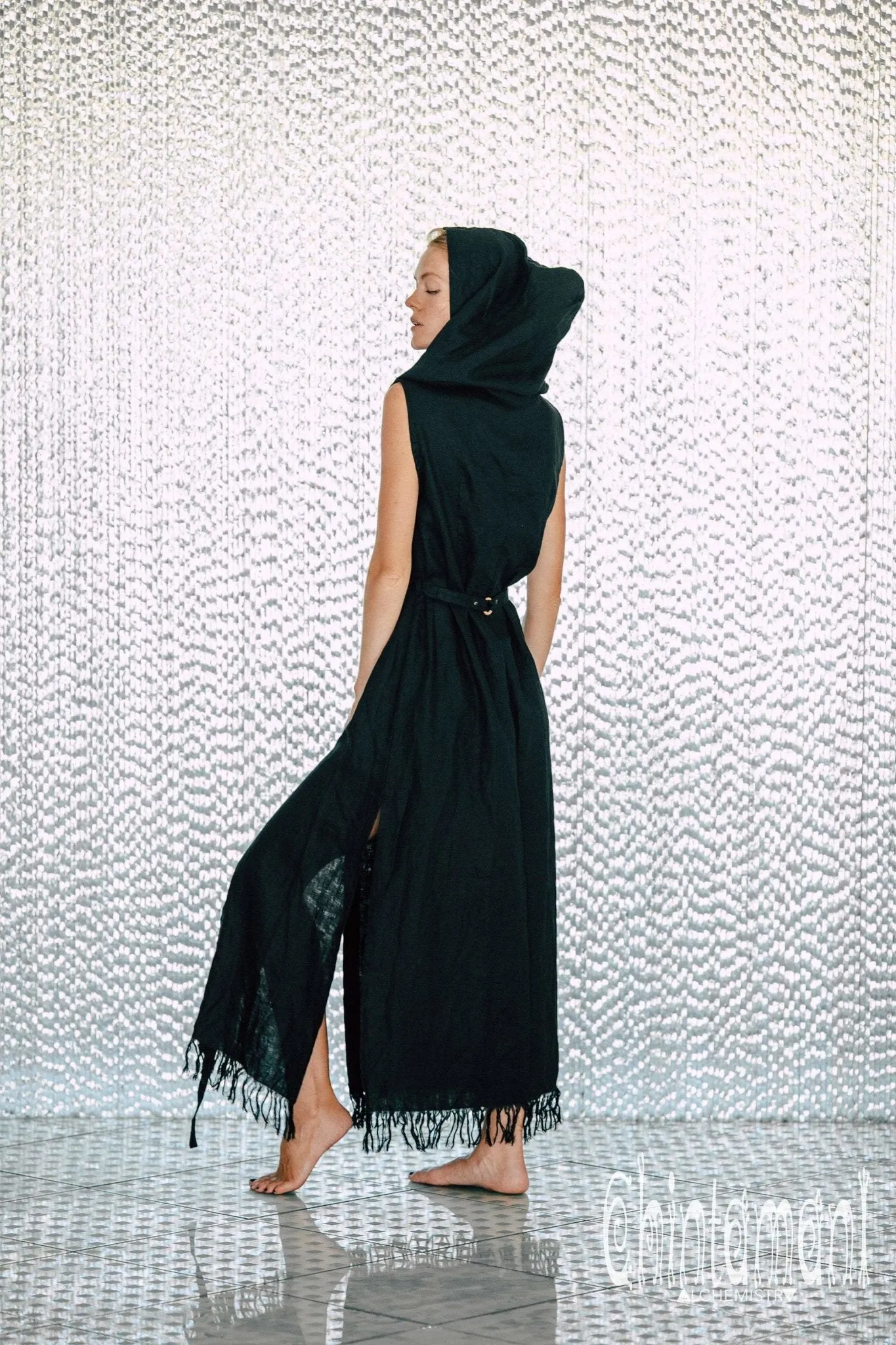 Long Linen Shirt Dress with Hood & High Slit / Black