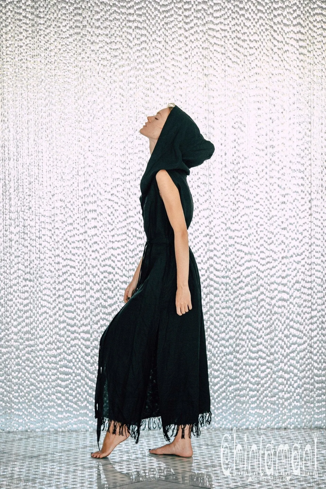 Long Linen Shirt Dress with Hood & High Slit / Black