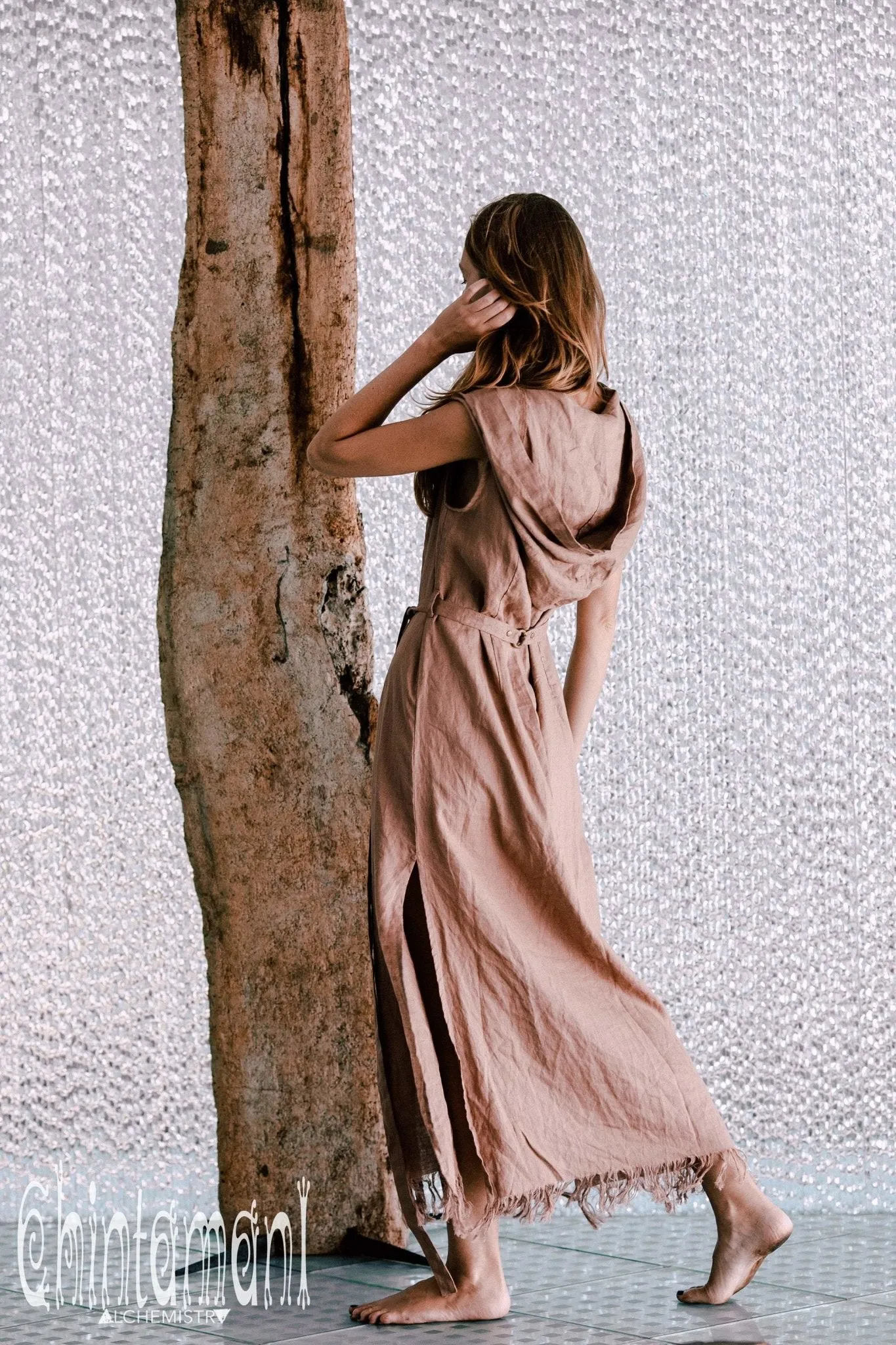 Long Linen Shirt Dress with Hood & High Slit / Dusty Rose