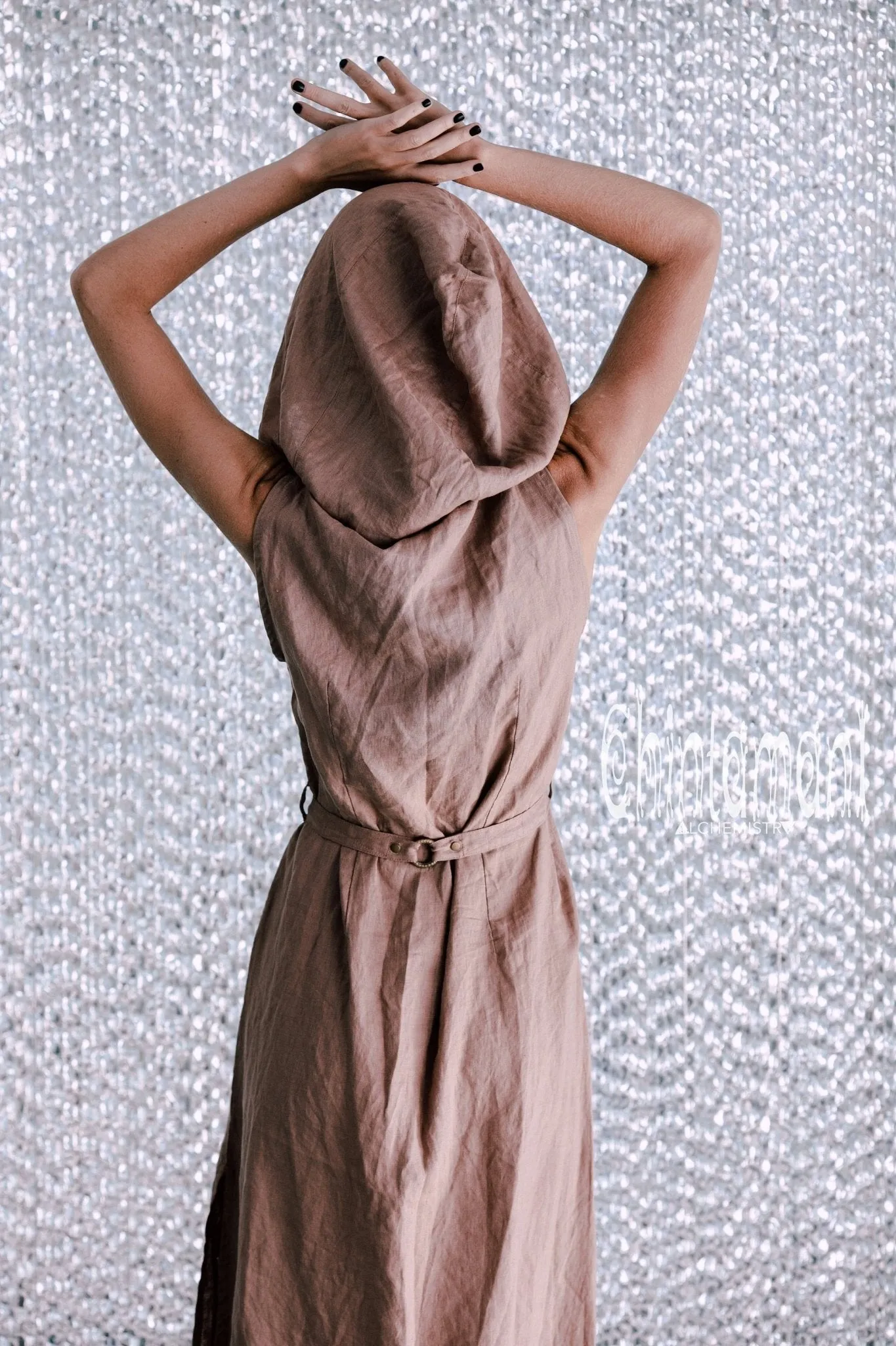 Long Linen Shirt Dress with Hood & High Slit / Dusty Rose